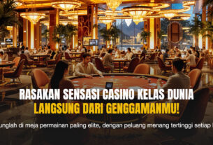 Pemain poker duduk di meja dalam suasana kasino mewah dengan pencahayaan hangat dan interior elegan, menciptakan atmosfer permainan kartu kelas dunia.
