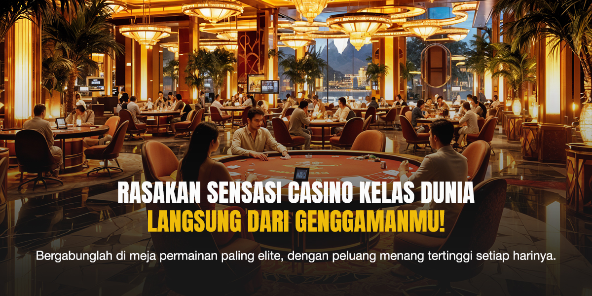 Pemain poker duduk di meja dalam suasana kasino mewah dengan pencahayaan hangat dan interior elegan, menciptakan atmosfer permainan kartu kelas dunia.